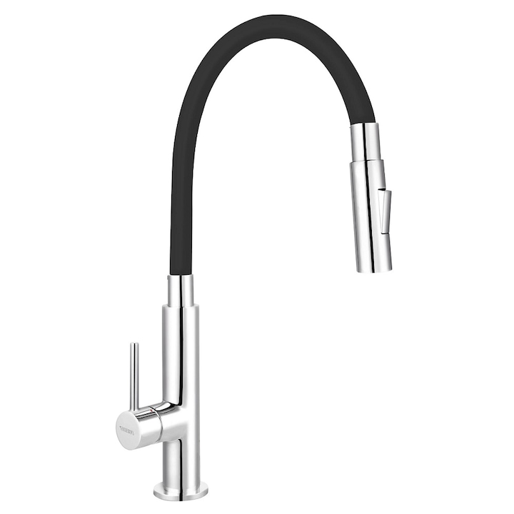 Смесител за кухня с еластичен кран Ferro Fitness Slim с две функции, стойка, единично управление, месинг, хром / черно покритие