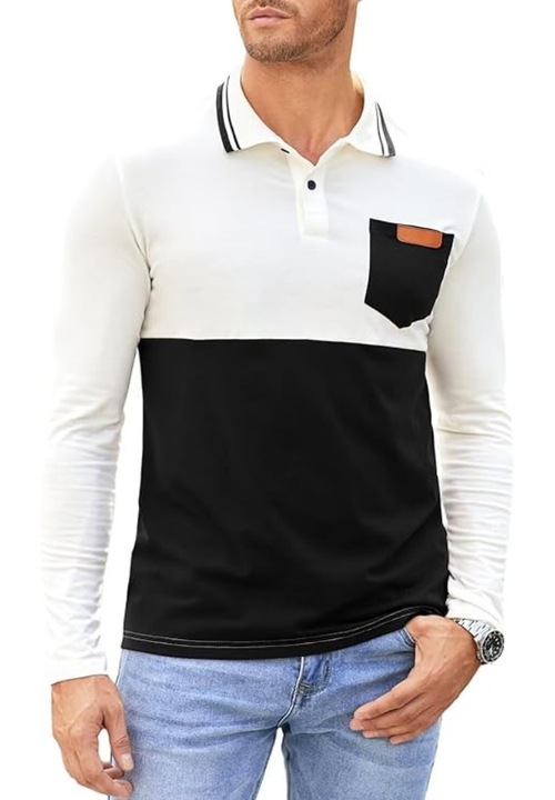 Bluza polo pentru barbati cu maneca lunga, alb cu negru, Alb/Negru