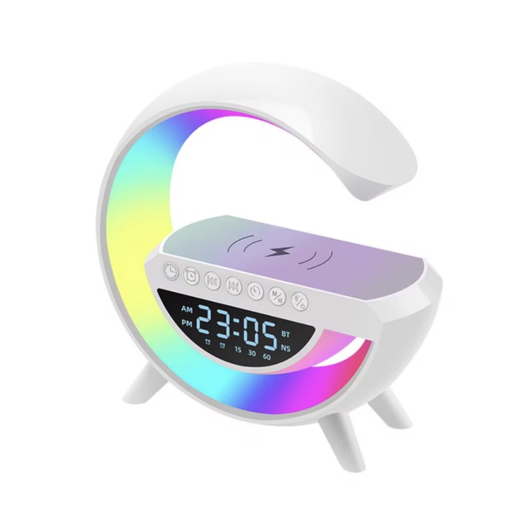 Vezeték nélküli gyorstöltő 15 W 4 az 1-ben WaltStore órával, hangszóróval, RGB Smart LED lámpával 7 színben, rádióval, fehér