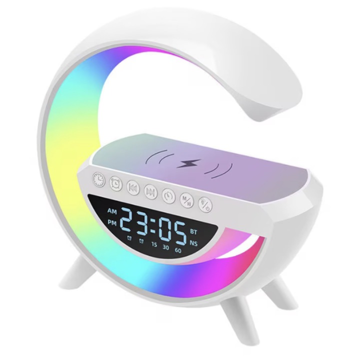 Incarcator Rapid Wireless 15W 4 in 1 WaltStore cu Ceas, Speaker, Lampa Smart LED RGB cu 7 culori, Radio, Alb