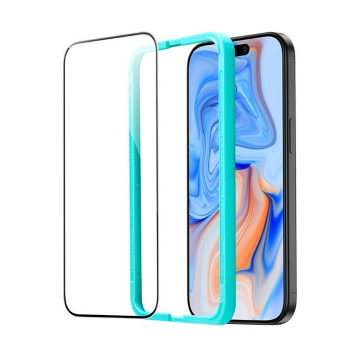Esr képernyővédő üveg, 2.5d, 0.3mm, 9h + segédkeret, fekete, kompatibilis: Apple iPhone 16 Plus / iPhone 15 Plus