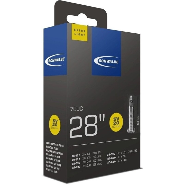 Camera de bicicleta, Schwalbe, 700x18/25C, valva Presta 50mm, Exlight, 28 inch