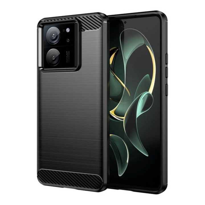 Gigapack szilikon mobiltelefon tok, ütésállóság, légpárnás sarok, szálcsiszolt, karbon minta, fekete, kompatibilis: Xiaomi 13T Pro / 13T