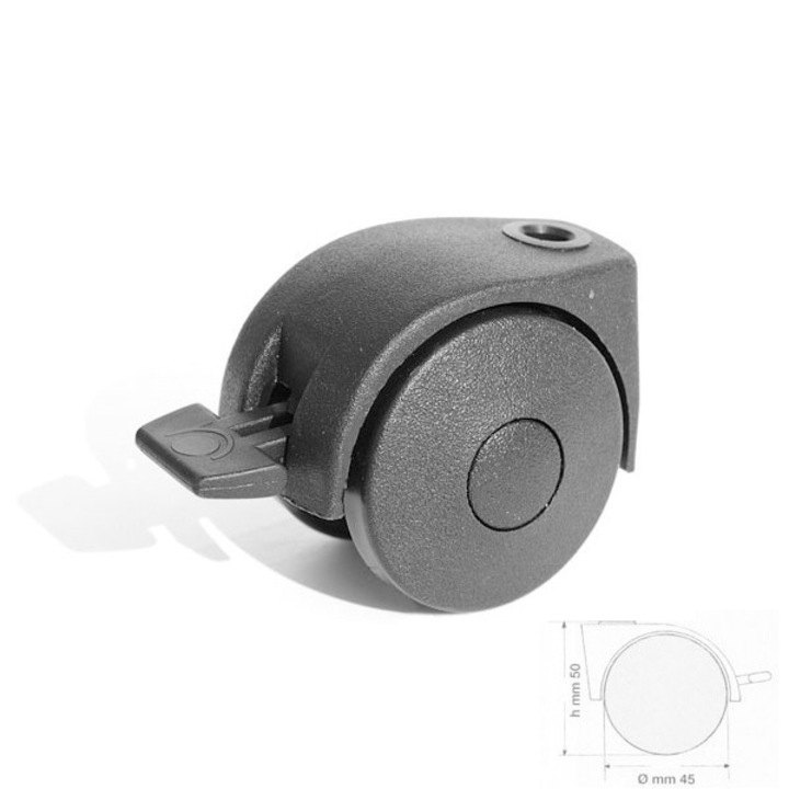 Rotila din plastic cu frana, neagra, D45 mm, 25 kg