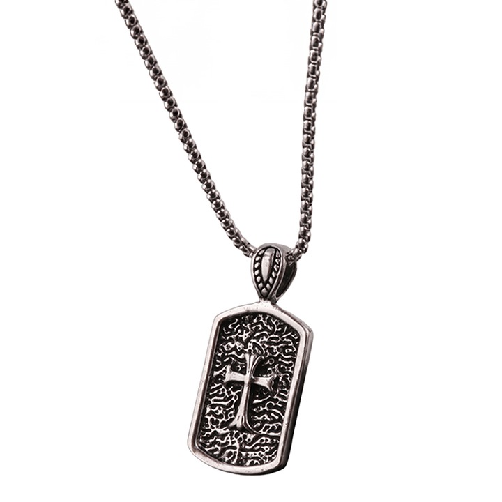 Lant cu pandantiv cruce, model shield cross, tematica religioasa, unisex, argintiu, EFAYN