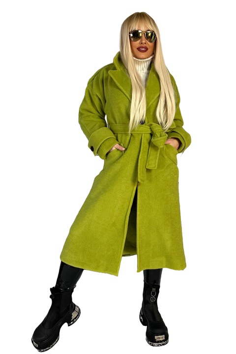 Palton lung, elegant cu cordon in talie de culoare vernil, Verde