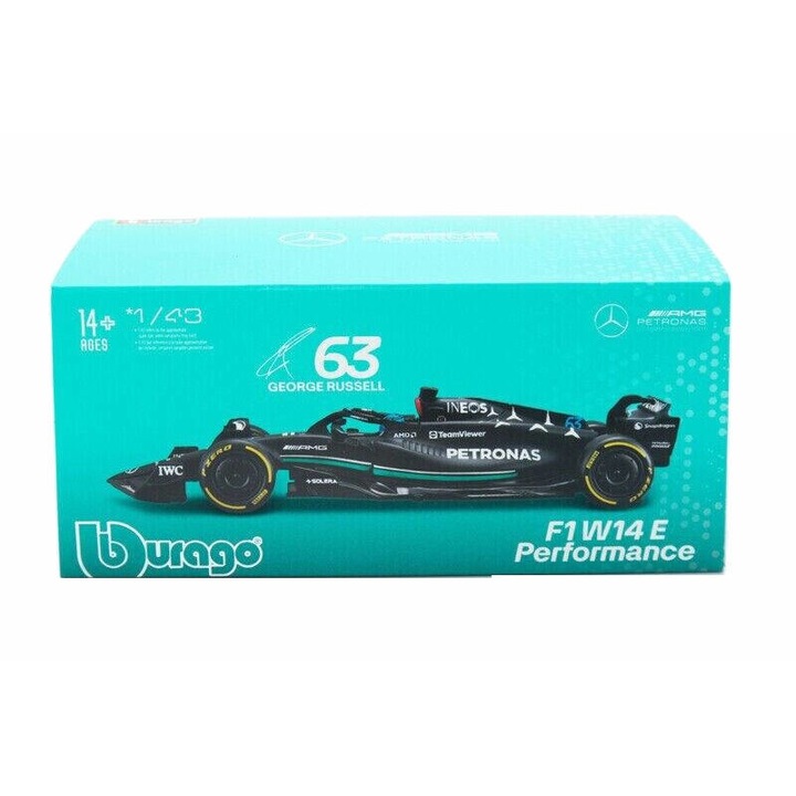 Modell autó Mercedes-Benz F1 W14 E Performance Team AMG Petronas N63 2023 George Russell kirakattal és sofőrrel, 1:43 Bburago Signature