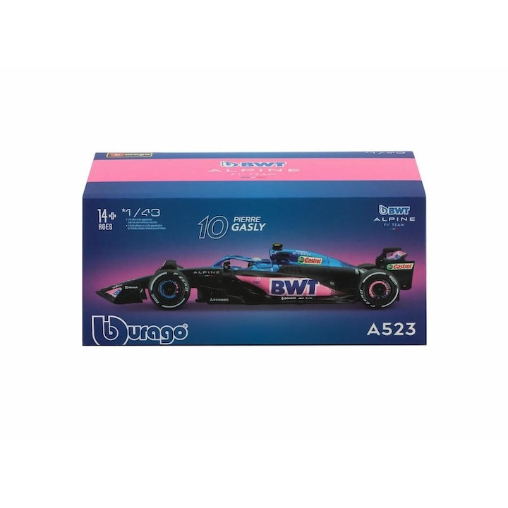 Modell autó Renault F1 A523 Alpine Team BWT N10 2023 Pierre Gasly kirakattal és sofőrrel, 1:43 Bburago Signature