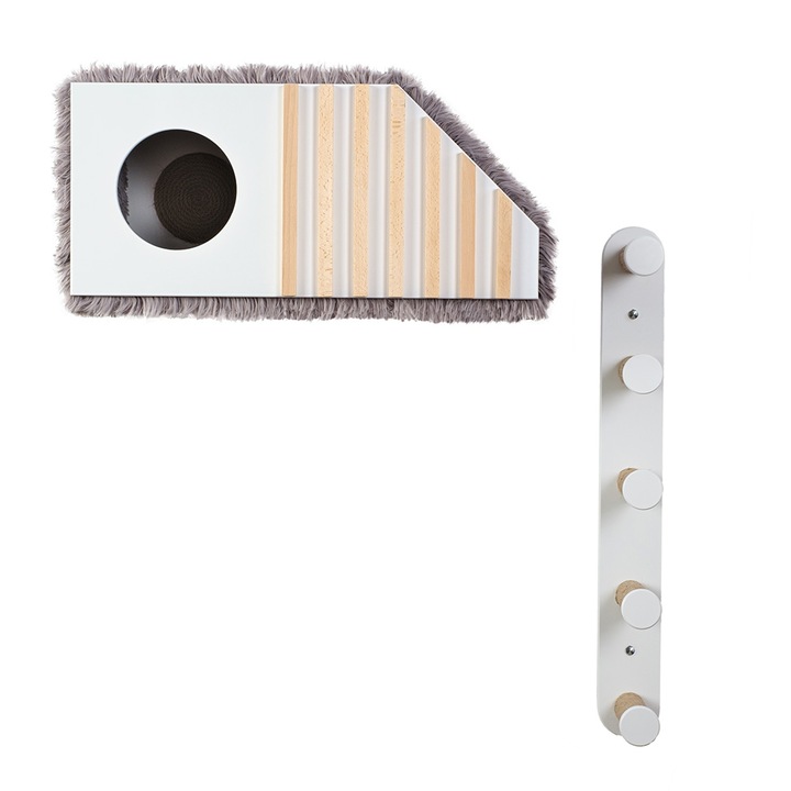 Ansamblu casuta pentru pisici si catarator 100cm, blanita textila gri si sisal in interior