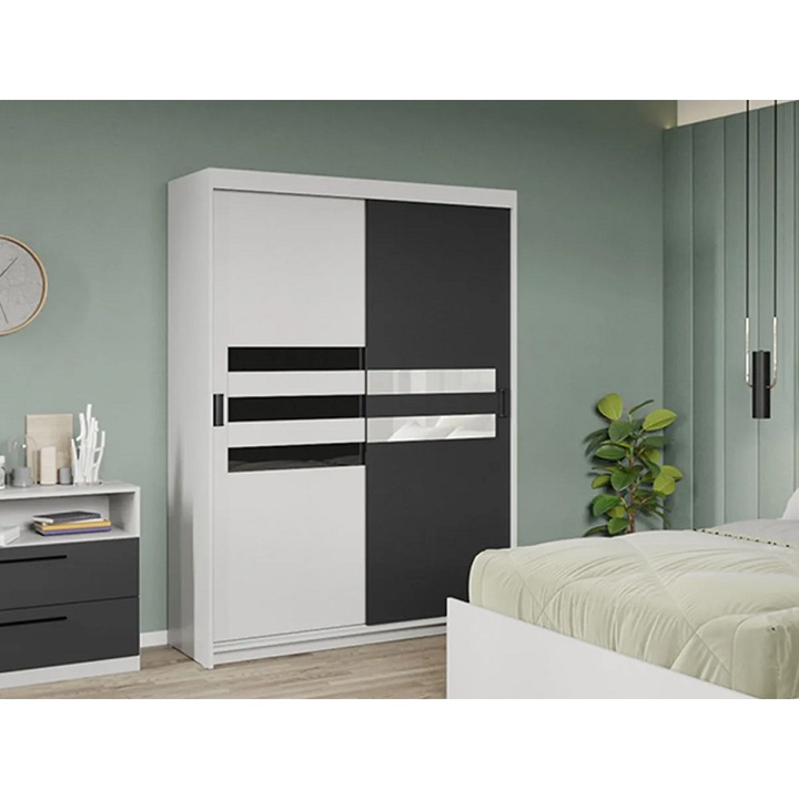 Dulap dormitor, Alb cu Usa Gri, Glass, L 138 x A 55 x H 194,8 cm