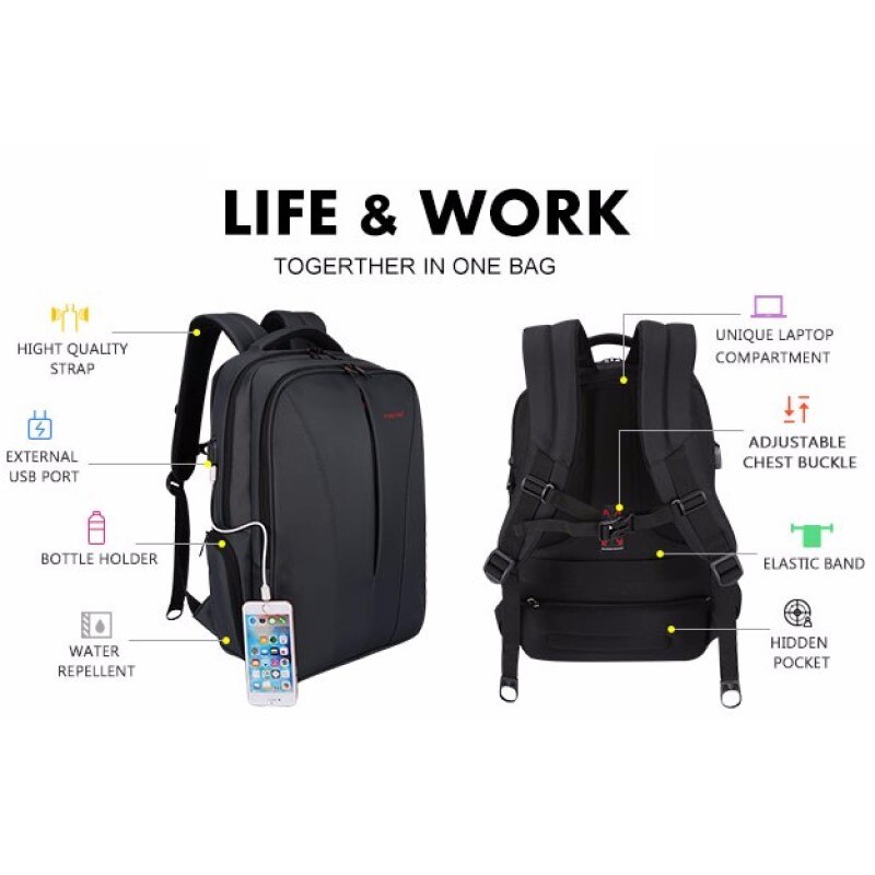 Rucsac laptop 15.6" smart casual, impermeabil, cu port USB, Tigernu, 30x17x48 cm, Negru