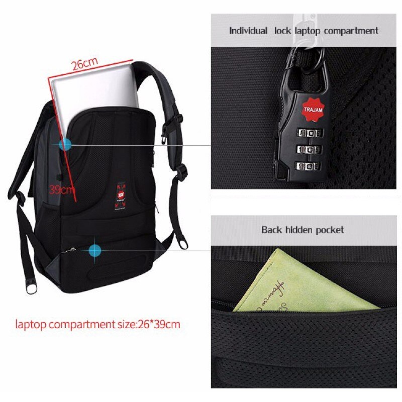 Rucsac laptop 15.6" smart casual, impermeabil, cu port USB, Tigernu, 30x17x48 cm, Negru