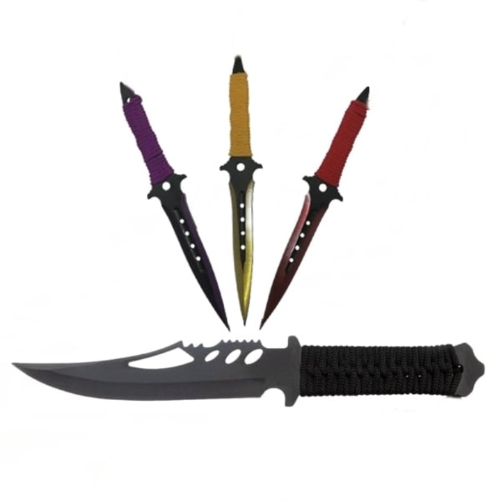 Set Cutit de vanatoare Extreme Battle si trei cutite de aruncat, Ninja Assasin, DEPOX®, otel inoxidabil, teaca inclusa