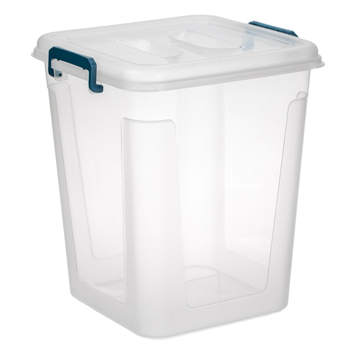 Műanyag tárolódoboz fedéllel és kék Shopiens fogantyúkkal, átlátszó, 20 l, 31,3x29,7x34,6 cm