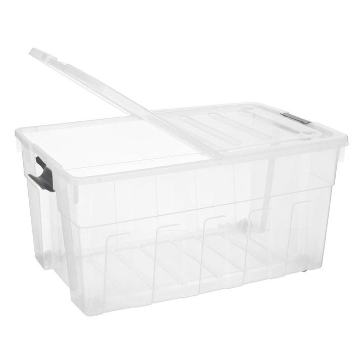 Shopiens® műanyag tárolódoboz fedővel és kerekekkel, átlátszó, 120 l, 74x48x36 cm