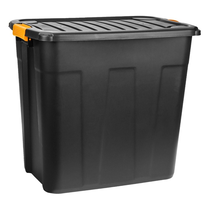 Shopiens® műanyag tárolódoboz, tartós, tetővel és zárral, fekete, 85 L, 60x39x54 cm