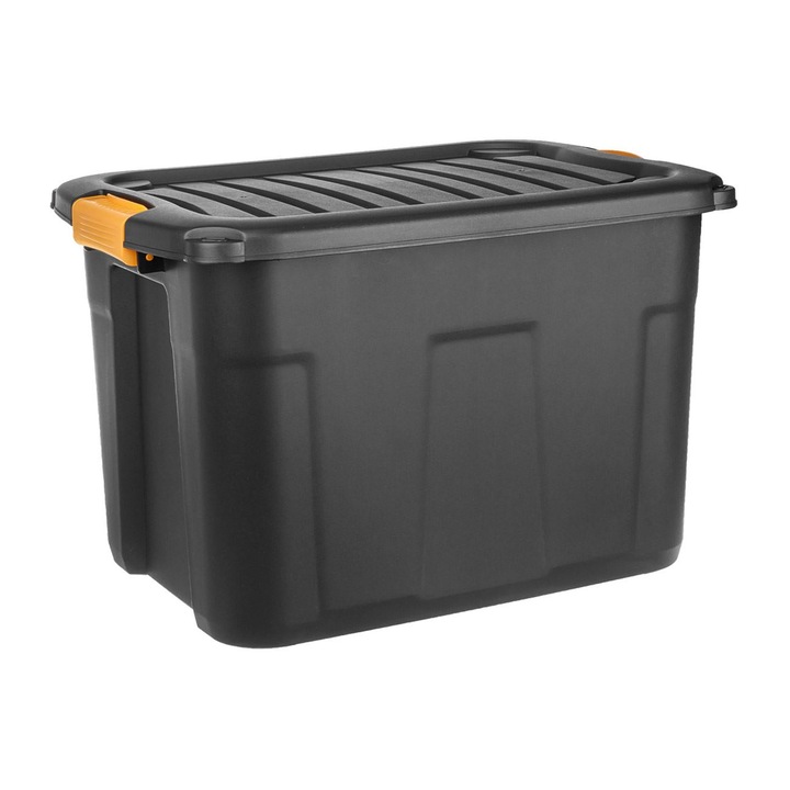 Shopiens® műanyag tárolódoboz, tartós, tetővel és zárral, fekete, 60 L, 60x39x41 cm
