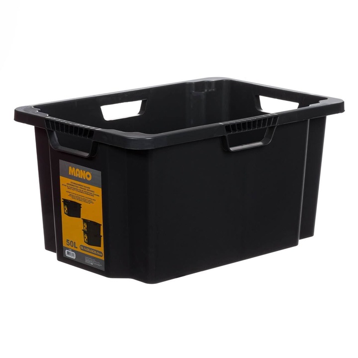 Shopiens® műanyag tárolódoboz, nagy teherbírású, fogantyúkkal, fekete, 50 L, 59,1x39,6x29,5 cm