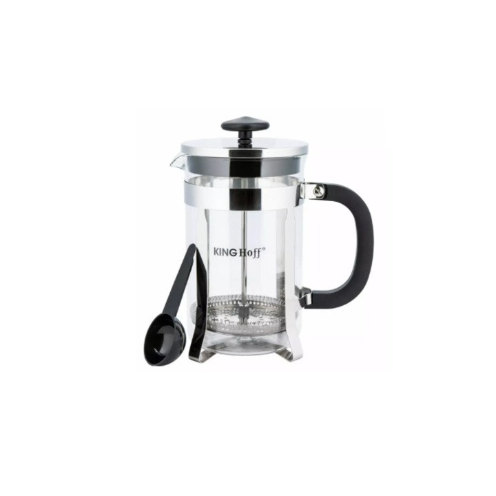Infuzor ceai din sticla si inox, cu presa si lingurita, 0.6L, Kinghoff