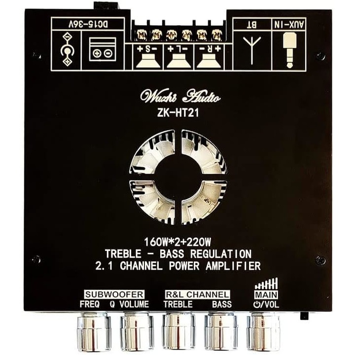 Усилвател 2.1, MOSMAOO®, 2x160 W + 220 W, субуфер, Bluetooth, DC 12-36 V захранване, за кола и дома, Dittom™ ZK -HT21, черен