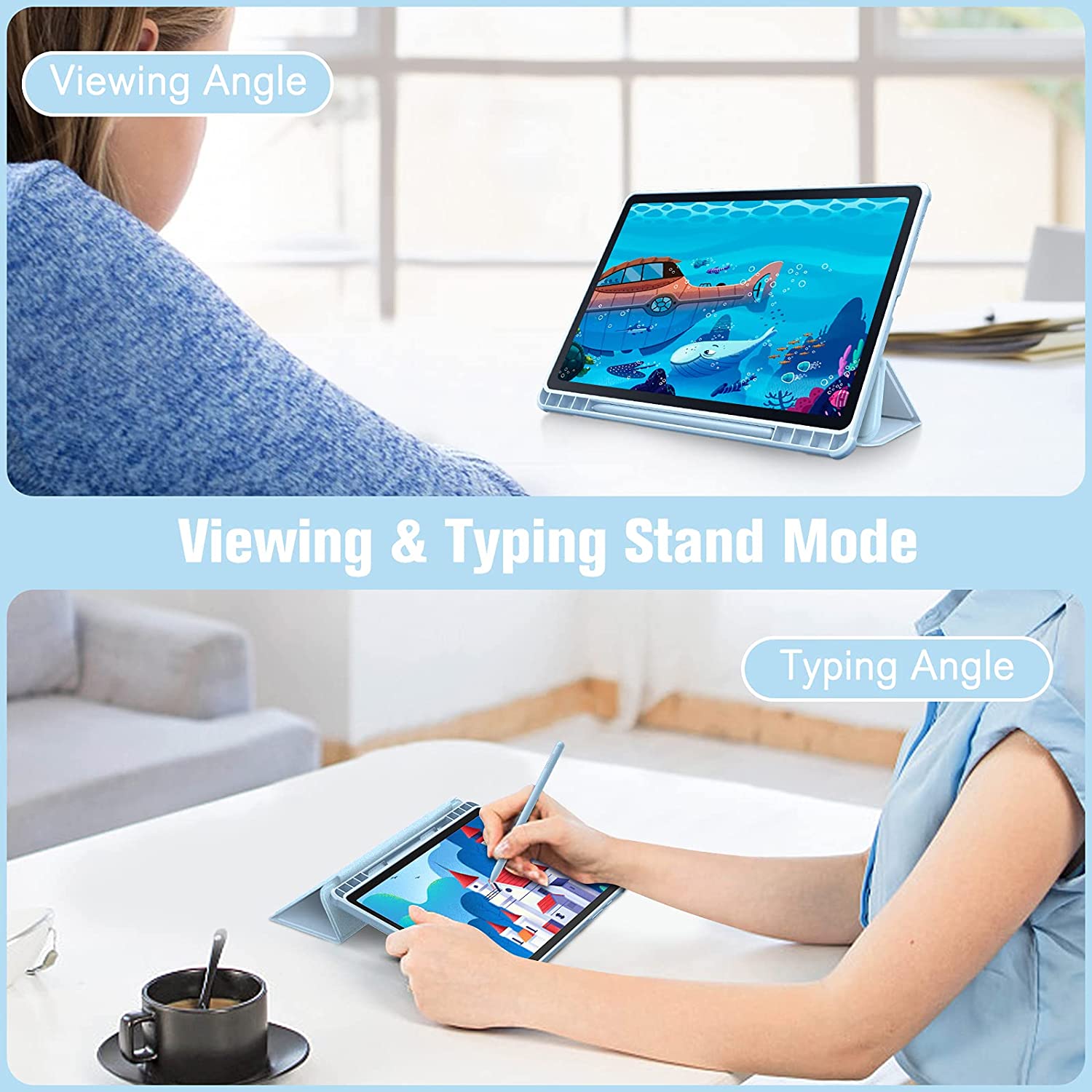 Husa pentru tableta, compatibila cu Samsung Galaxy Tab S6 Lite 2020/2022/2024, 10,4 inchi, Cu tava pentru stilouri, albastru deschis
