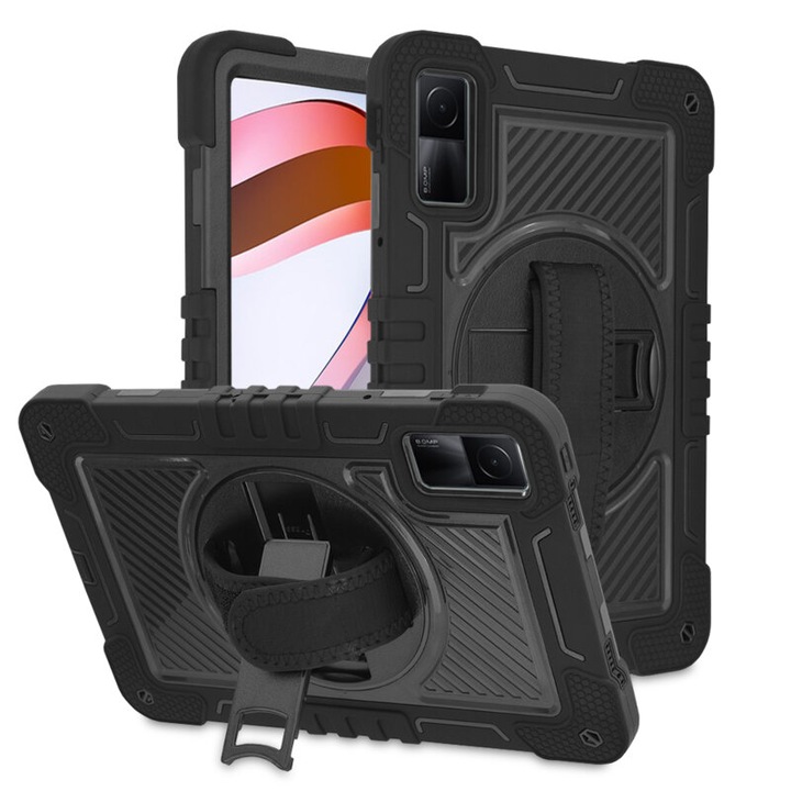 Защитен калъф за таблет съвместим с Xiaomi Redmi Pad 10.61", StripeShell 360, с регулируема лента, силикон, Черен