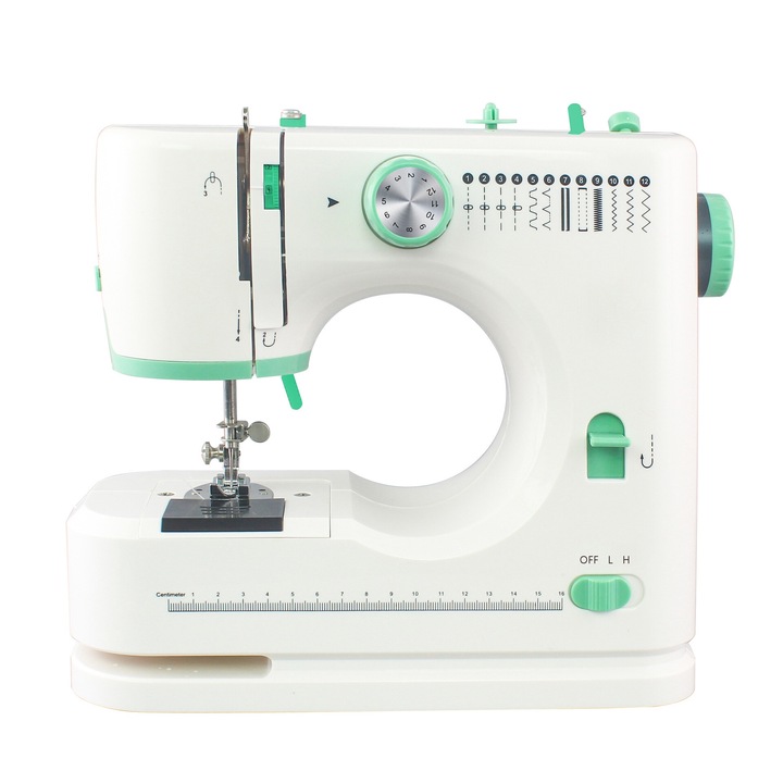 Шевна машина, Xinxu, преносима, с педал, полуавтоматично вдяване, с обратен шев и 12 вградени бутона за шиене, LED осветление, устройство за вдяване, контрол на скоростта на шиене, бяла