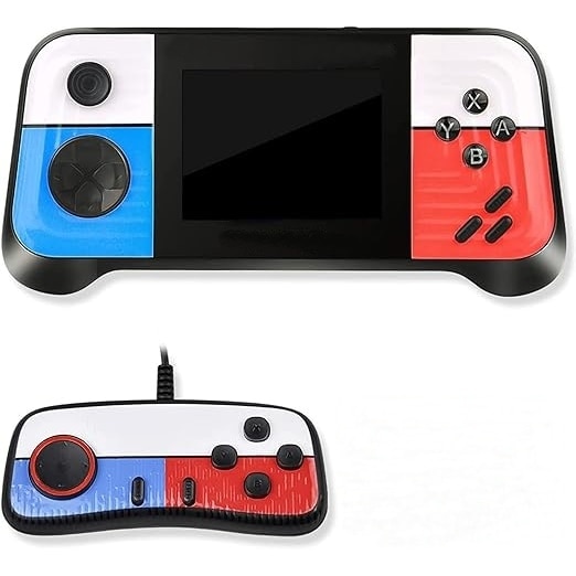 Consola de jocuri, portabila, cu 666 de jocuri, ecran HD de 3,0", conexiune TV, functia de vibratie a controlerului de joc, suport TV AV-out, din ABS, alb/albastru/rosu