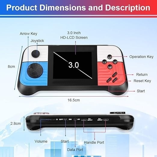 Consola de jocuri, portabila, cu 666 de jocuri, ecran HD de 3,0", conexiune TV, functia de vibratie a controlerului de joc, suport TV AV-out, din ABS, alb/albastru/rosu