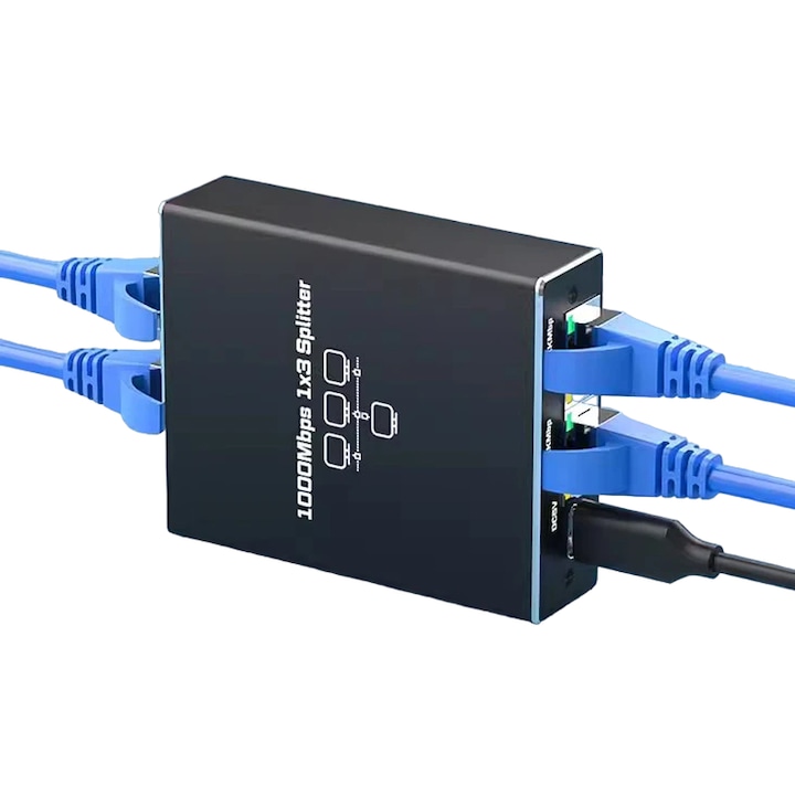 Splitter Ethernet RJ45 Staryon® cu 3 Porturi, Adaptor Retea Internet 1 la 3 Porturi, Suport 1000Mbps, Carcasa din Aluminiu, pentru IPTV, Router, Monitoare