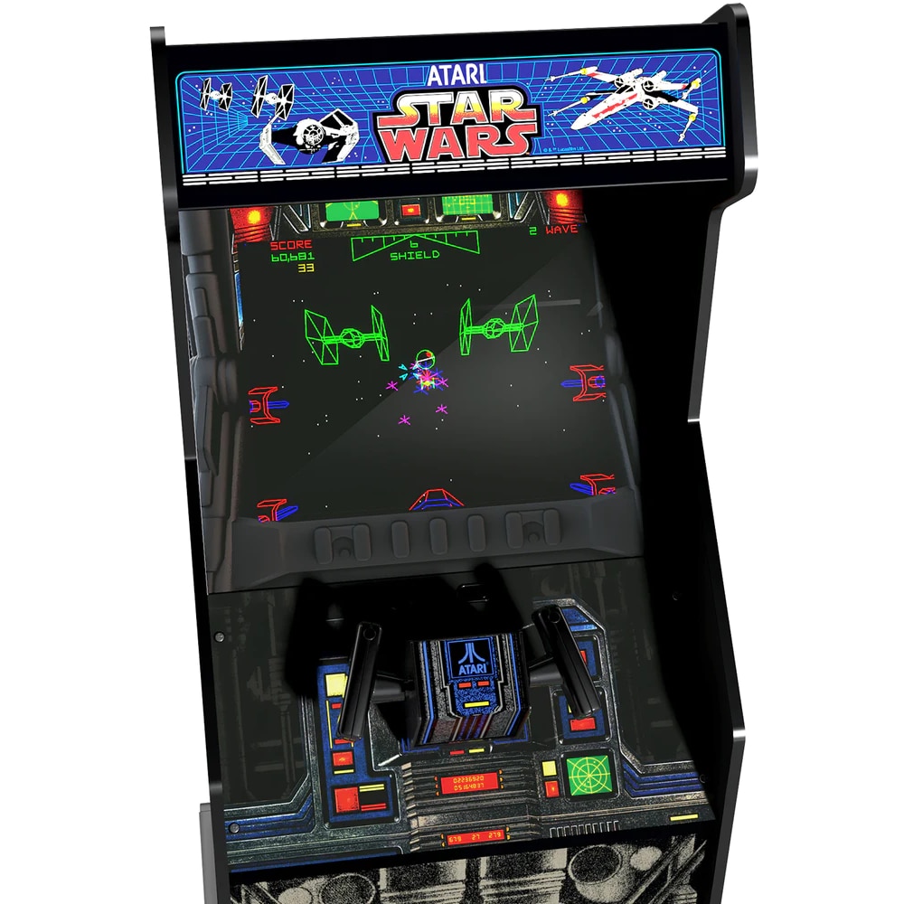 Consola verticala 3 jocuri in 1 ARCADE1UP, Star Wars™, H 154.4 cm, Editie Aniversara, display color 17 inch, volum ajustabil, Iluminare Marquee, protectie anti-rasturnare, grafica originala, accesoriu pentru reglarea inaltimii, multicolor