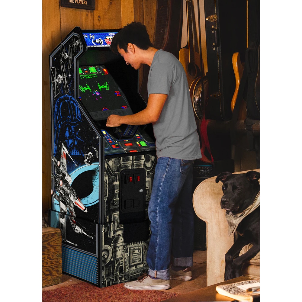 Consola verticala 3 jocuri in 1 ARCADE1UP, Star Wars™, H 154.4 cm, Editie Aniversara, display color 17 inch, volum ajustabil, Iluminare Marquee, protectie anti-rasturnare, grafica originala, accesoriu pentru reglarea inaltimii, multicolor