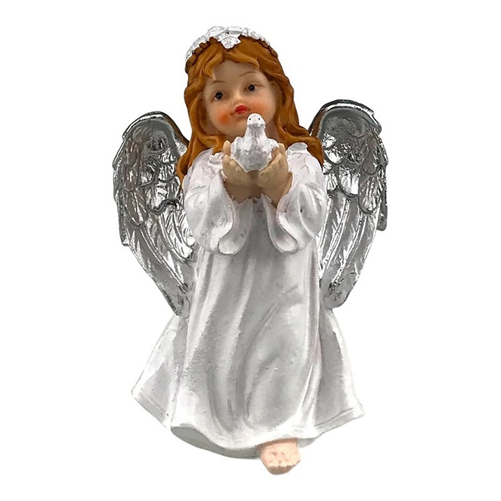 Decoratiune ingeras cu porumbel in maini, rasina, 10x15 cm, alb