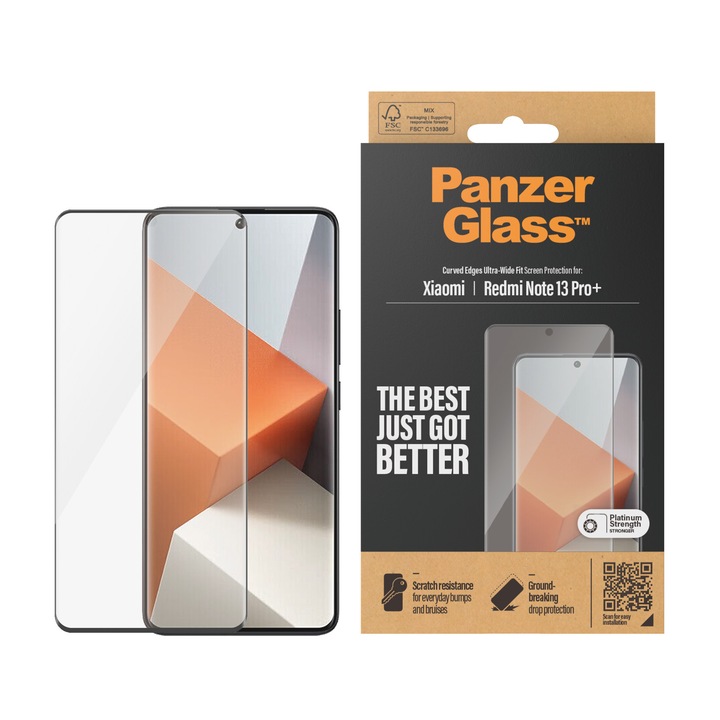 Стъклен протектор PanzerGlass за Xiaomi Redmi Note 13 Pro Plus, 5G, UWF, Черен