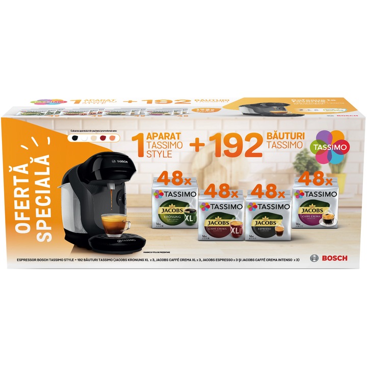 Комплект 12 кутии капсули Tassimo Jacobs + Еспресо машина Bosch Tassimo Happy Black