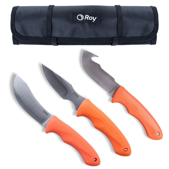 Set 3 cutite de vanatoare, ROY, Otel, Portocaliu