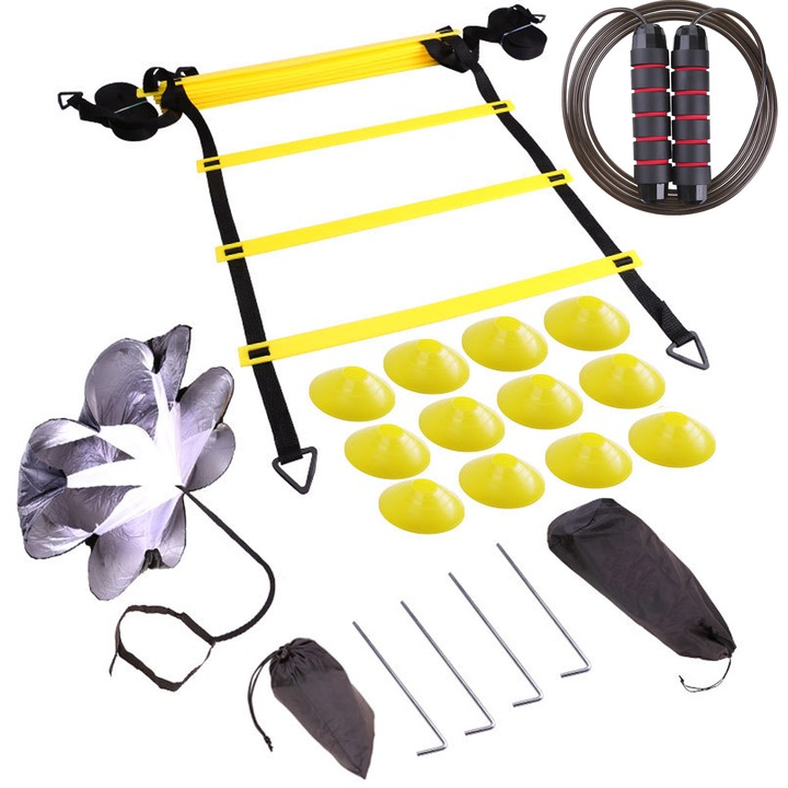 Set de antrenament pentru agilitate din 25 de piese, Axroad Mall, Kit antrenament fotbal, Cu scara de 6 m lungime, 12 discuri de semnalizare, umbrela de rezistenta, coarda de sarit, Lungime ajustabila, PP/Nylon, Negru/Galben