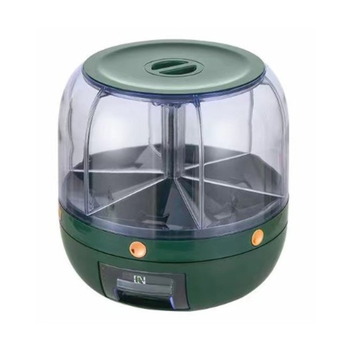 Dozator de cereale Cyrax, rotativ 360, 6 compartimente, capacitate 3 L, rezistent la umezeala, inchidere etansa, verde inchis