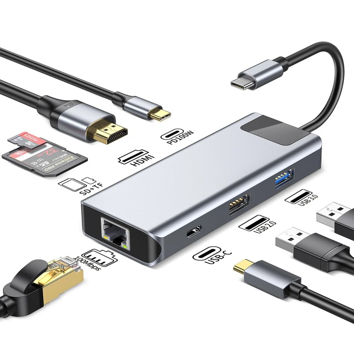 Hub USB C 8 in 1, HDMI 4k, retea, card reader, transfer date, incarcare 100W