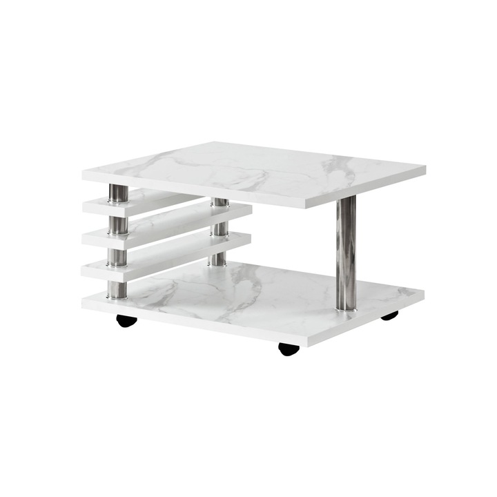 Masuta cafea Baarn, aspect marmura alb 65×65 cm, pe roti