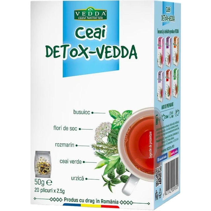 Ceai Detox-Vedda, cu ceai verde, urzica, busuioc, rozmarin si flori de soc, 20plicuri, 50g, Kalpo