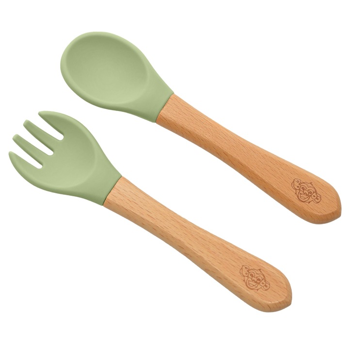 Set tacamuri (lingurita si furculita), din silicon premium, Bonobo, pentru bebelusi si copii, verde olive