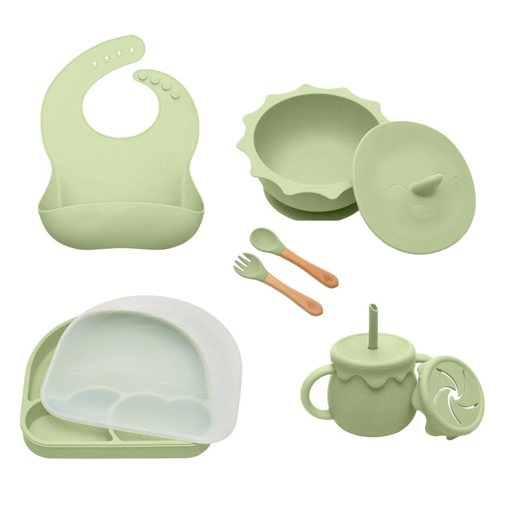 Set hranire pentru bebelusi si copii, din silicon premium, Bonobo, 1 baveta cu buzunar, 1 bol cu capac si ventuza, 1 farfurie compartimentata cu capac si ventuza, 1 cana multifunctionala, 2 tacamuri, verde olive