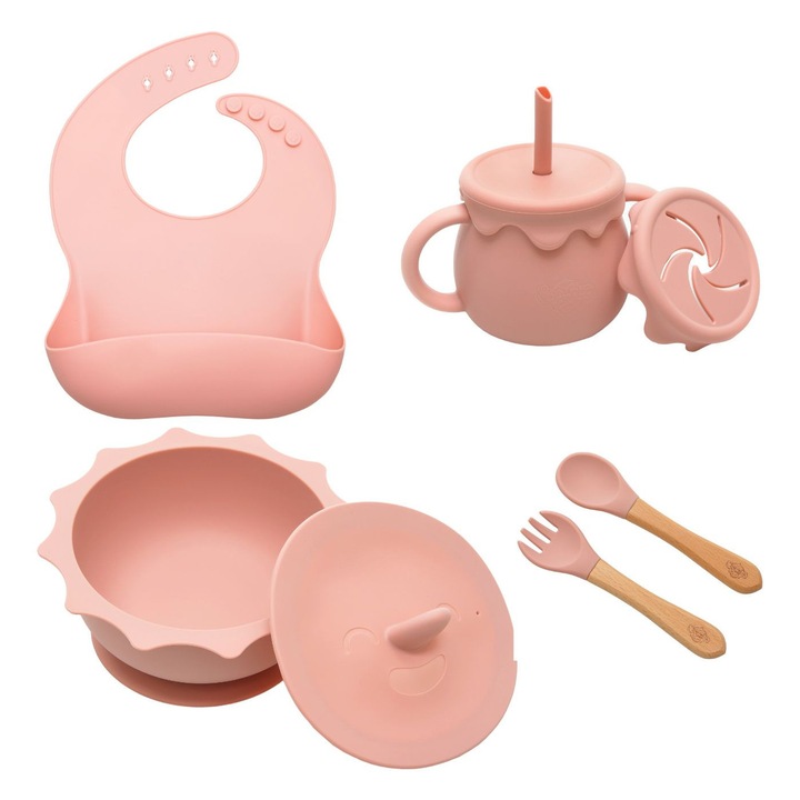 Set hranire pentru bebelusi si copii, din silicon premium, Bonobo, 1 baveta cu buzunar, 1 bol cu capac si ventuza, 1 cana multifunctionala, 2 tacamuri, roz pudra