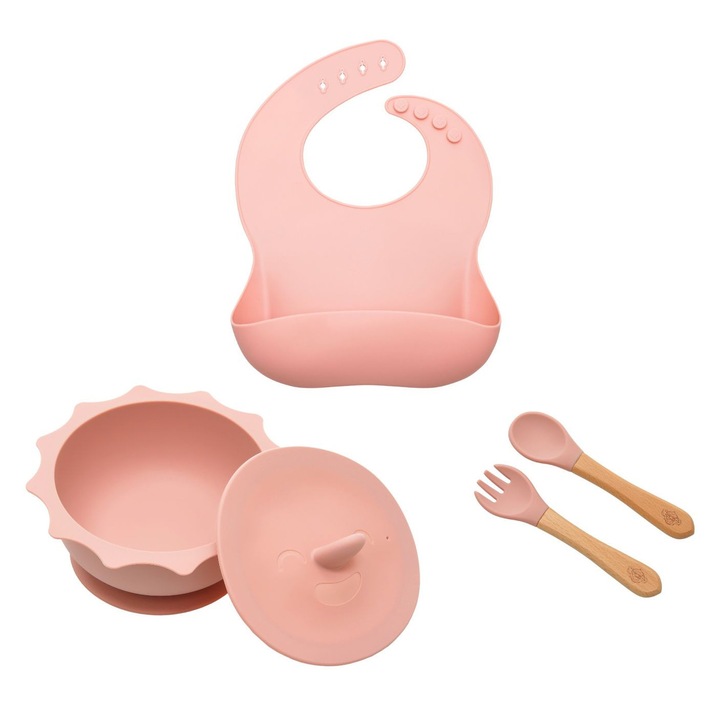 Set hranire pentru bebelusi si copii, din silicon premium, Bonobo, 1 baveta cu buzunar, 1 bol cu capac si ventuza, 2 tacamuri, roz pudra