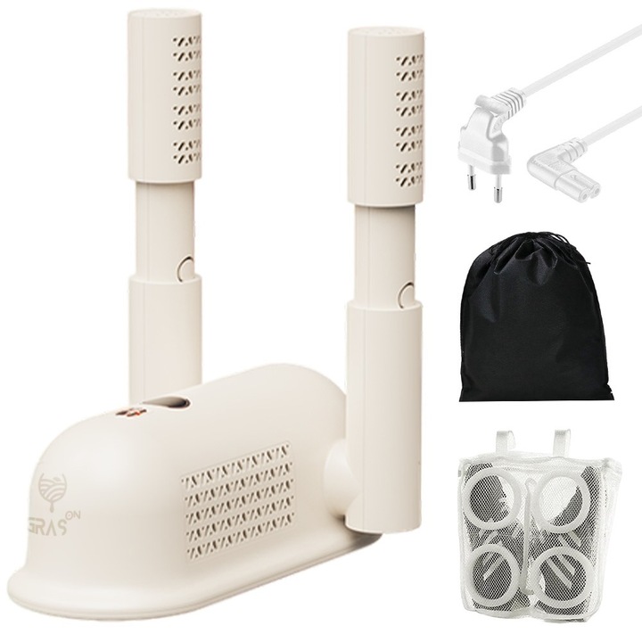 Uscator electric incaltaminte Gras-ON™, pentru Adidasi, Ghete, Cizme sau Pantofi, Sterilizare UV, Aer circular 360˚, Pliabil, Portabil, Oprire automata, Husa depozitare incaltaminte, Saculet din plasa pentru spalare incaltaminte, Alb