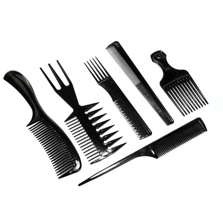 Set piepteni pentru coafor, dimensiuni si forme diferite, 6 piese, 7x22cm, plastic, Negru