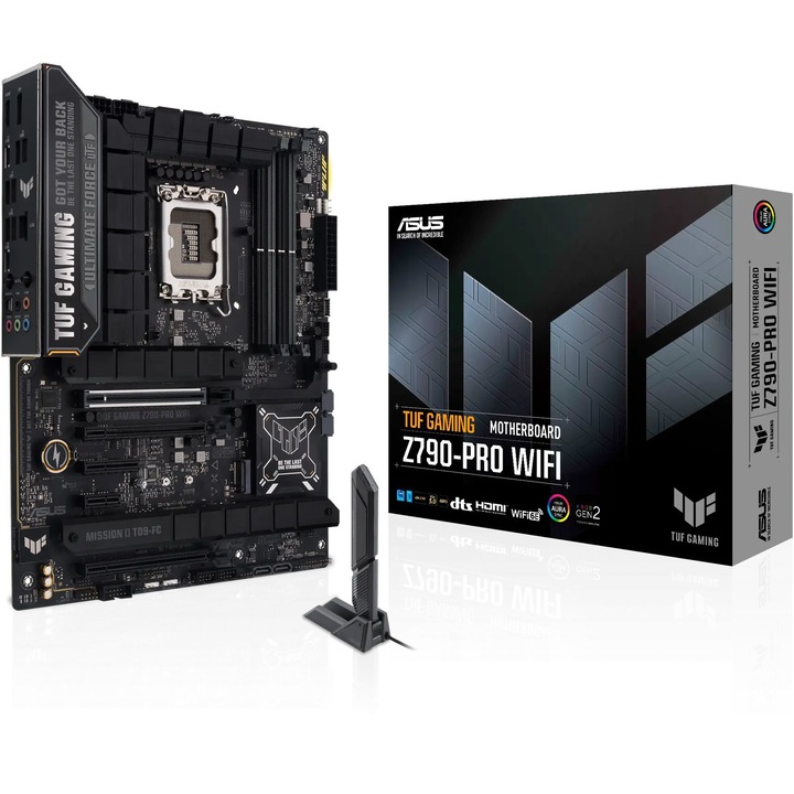 Дънна платка ASUS TUF GAMING Z790-PRO WIFI - Motherboard - ATX - LGA1700 Socket - Z790 Chipset - USB 3.2 Gen 1, USB 3.2 Gen 2, USB-C 3.2 Gen2, USB-C 3.2 Gen 2x2 - Bluetooth, Wi-Fi - onboard graphics (CPU required) - HD Audio (8-channel) 90MB1FJ0-M0EAY0