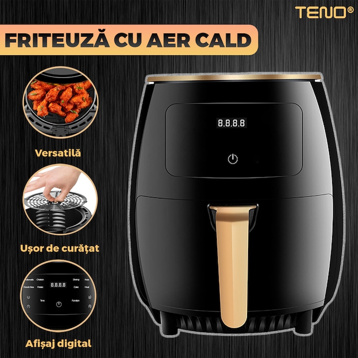 Friteuza Fara Ulei Air Fryer Teno®, 100 hartii de copt cadou, tehnologie smart sensing, programe smart chef automate, afisaj digital, capacitate 6 L, tehnologie de eliminare a grasimii, functie de pastrare la cald, tensiune alimentare 220 V, culoare negru