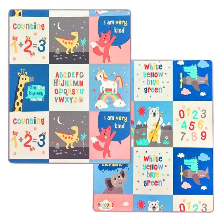 Covor de joaca pliabil, Loka®, Termic, Antiderapant, Educativ si interactiv, Cu 2 fete, Model Elefant/Numere, Albastru/Multicolor, 150x200x1cm